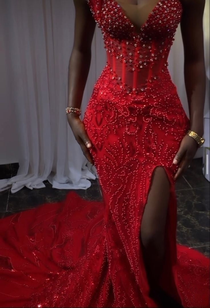 Superbe robe de soirée sirène rouge pour femme fg7386