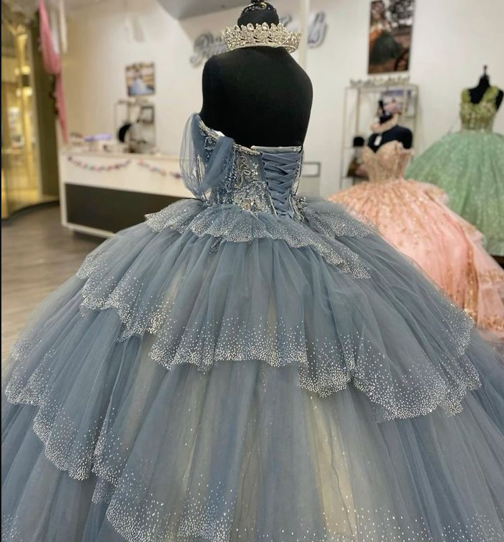 Princess Dresses Ball Gown Off Shoulder Vestido De Quinceanera Tiered Skirt Glitter Sequins Tulle 15 Masquerade Dress fg6817
