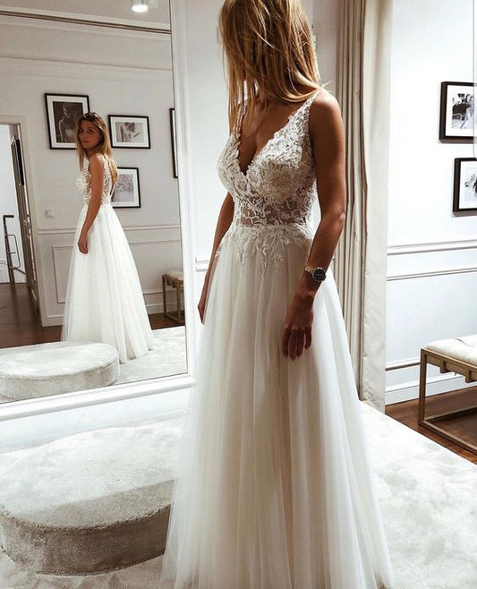 Robe de mariée trapèze en tulle et dentelle, col en V, fg6417