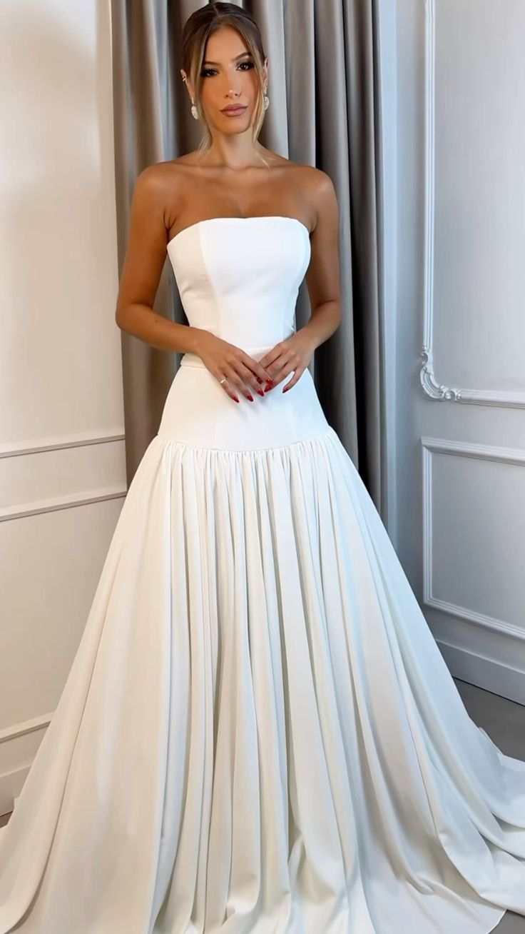 A Line White Strapless Satin Elegant Wedding Dresses Princess Bridal G formalgowns A Line White Strapless Satin Elegant Wedding Dresses Princess Bridal G formalgowns