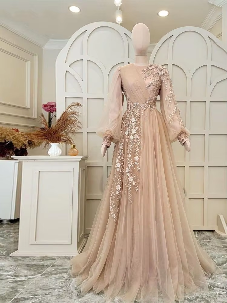 Elegant evening dress tulle muslim dress, wedding guest dress, champagne special occasion dress fg6673