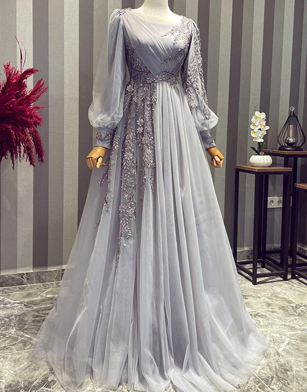 Elegant Muslim Evening Dress Long Sleeves Appliques Special Occasion Party Dress fg6679