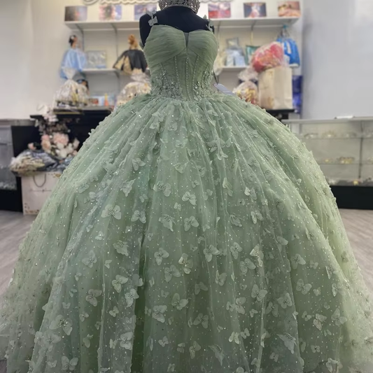 Robe de Quinceanera vert sauge à motif papillon 3D et corset en cristal fg6684