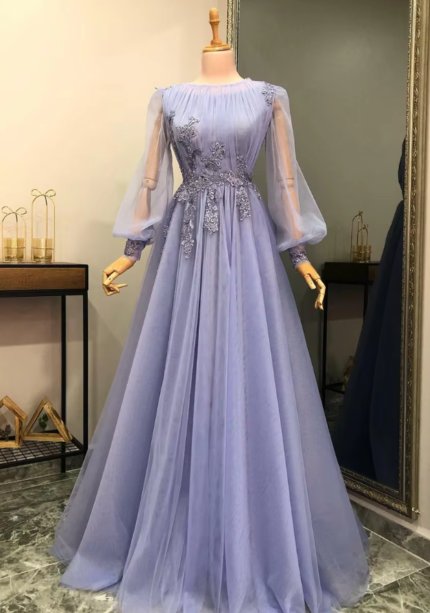 Lilac A-line Prom Dresses Appliques Lace Beading Tulle Long Sleeves Formal Evening Party Gowns fg6674