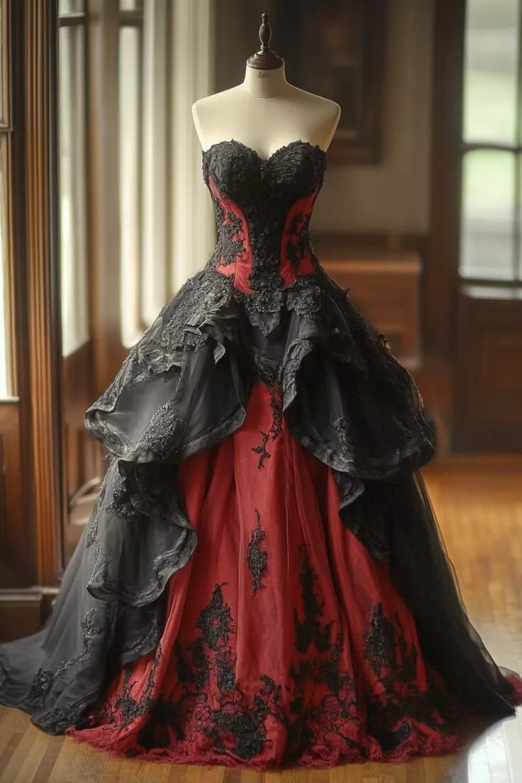 Ballkleid Schwarz Rot Korsett Applikation Spitze Rüschen Abendkleid fg7235