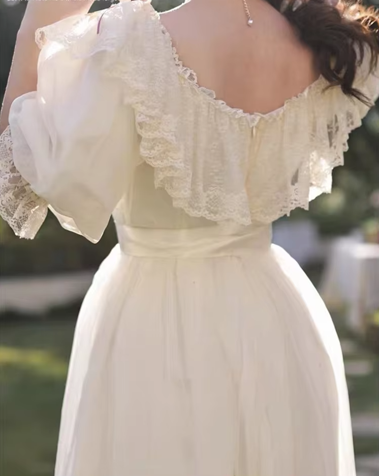 Vintage Victorian Style White Princess Dress Retro Lace Puff Sleeve Romantic Dress fg7265