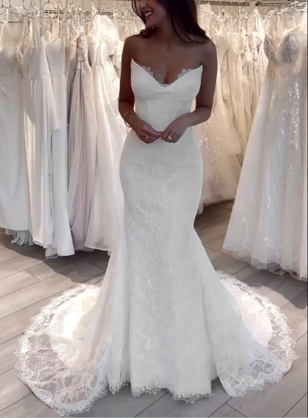 Robe de mariée longue en dentelle à col en V et style sirène, élégante, fg7180