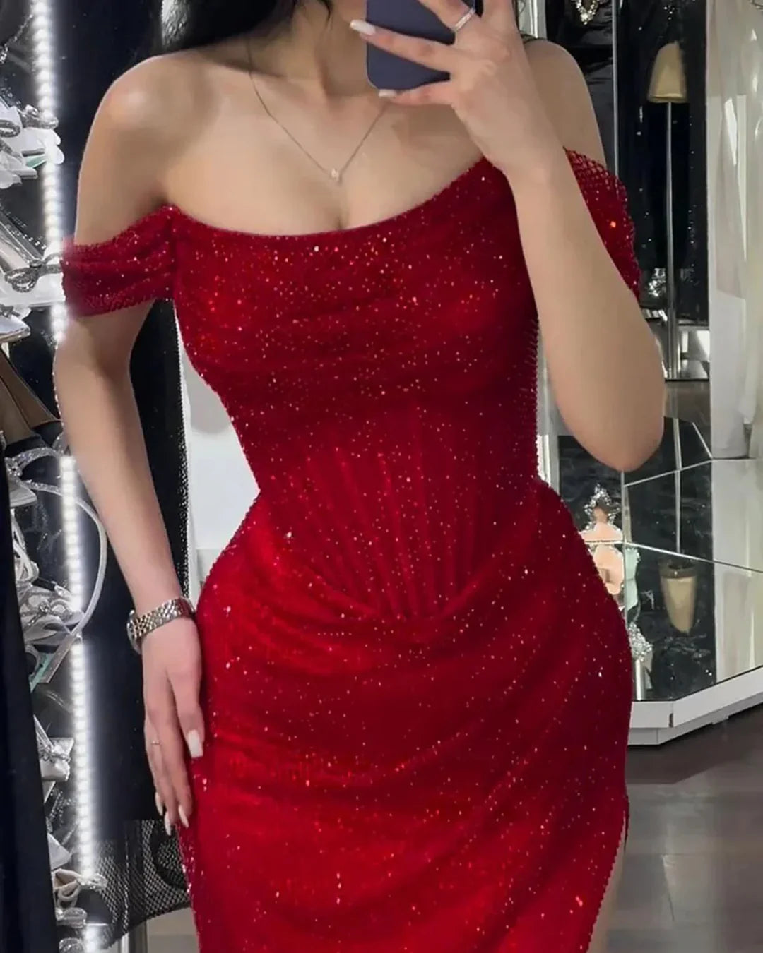 Meerjungfrau-Kleid, schulterfrei, lang, rot, Ballkleid fg5943