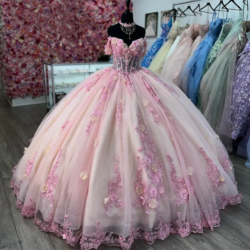 Quinceanera Ball Gown Pink Lace Applique 3D Floral Flower Off Shoulder formalgowns Quinceanera Ball Gown Pink Lace Applique 3D Floral Flower Off Shoulder formalgowns