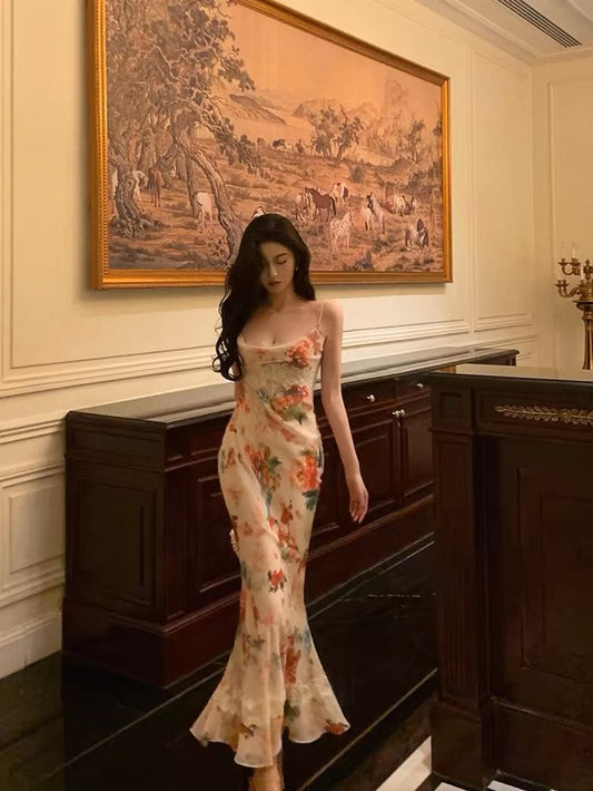 Robe de bal sexy à bretelles spaghetti et motif floral, longueur cheville, robe d'anniversaire fg7029