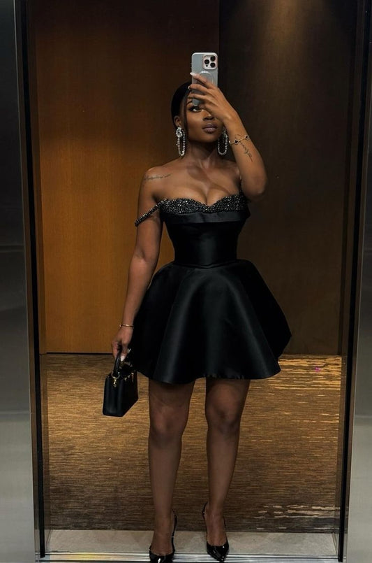 Robe de soirée courte trapèze sans manches, noire, fg6999