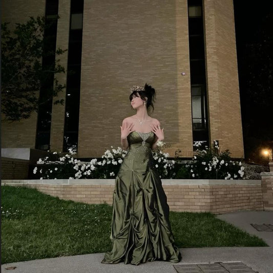 Robe de soirée trapèze bustier verte longue au sol fg7018