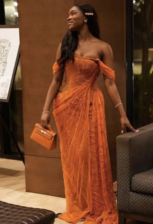 Robe de bal orange à épaules dénudées, tenue d'anniversaire, longue robe de soirée fg6980