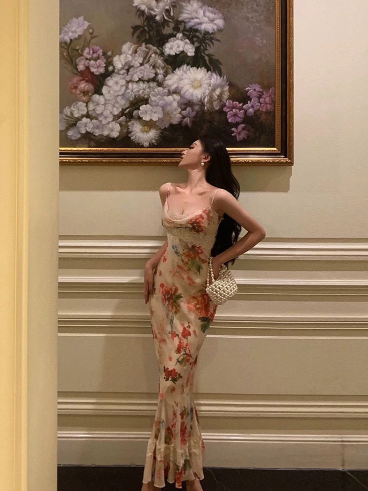 Robe de bal sexy à bretelles spaghetti et motif floral, longueur cheville, robe d'anniversaire fg7029