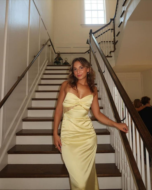 Robe de soirée longue jaune sexy à bretelles spaghetti et décolleté sirène fg6983