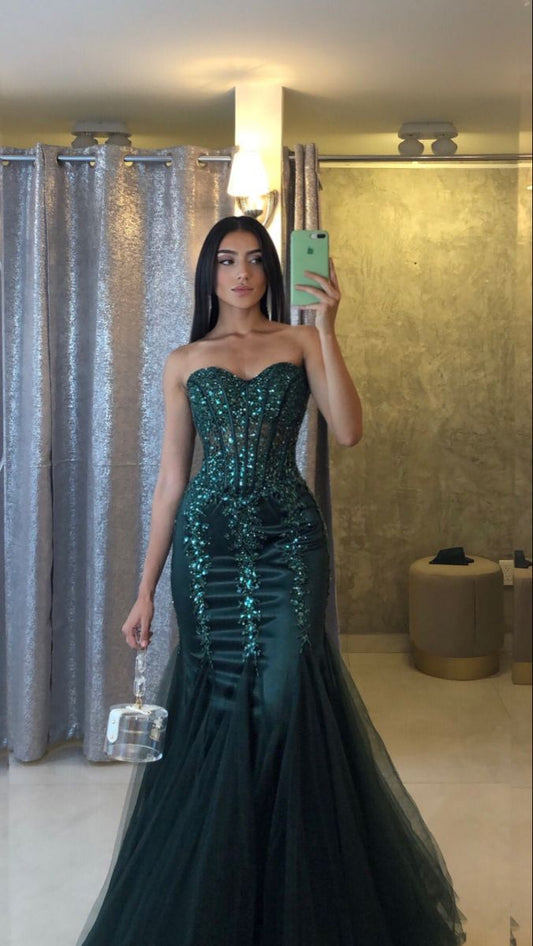 Robe de bal longue vert foncé en tulle à paillettes et décolleté en cœur, style sirène, fg6995