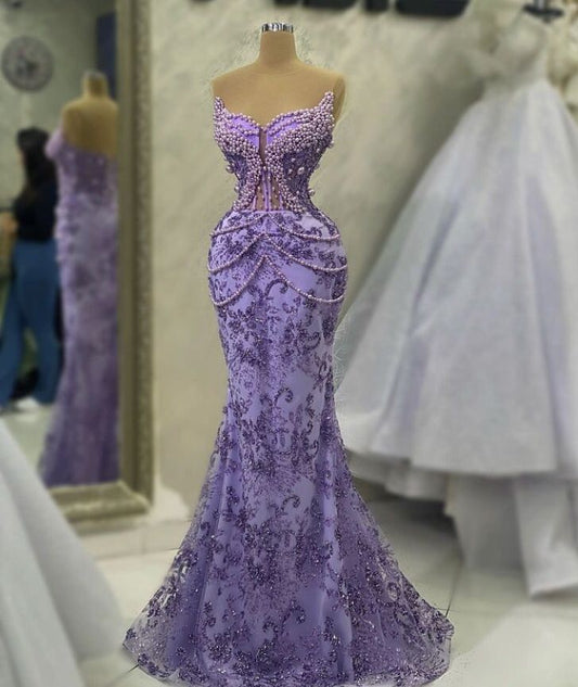 Robe de soirée sirène violette avec perles, robe de bal formelle fg7065