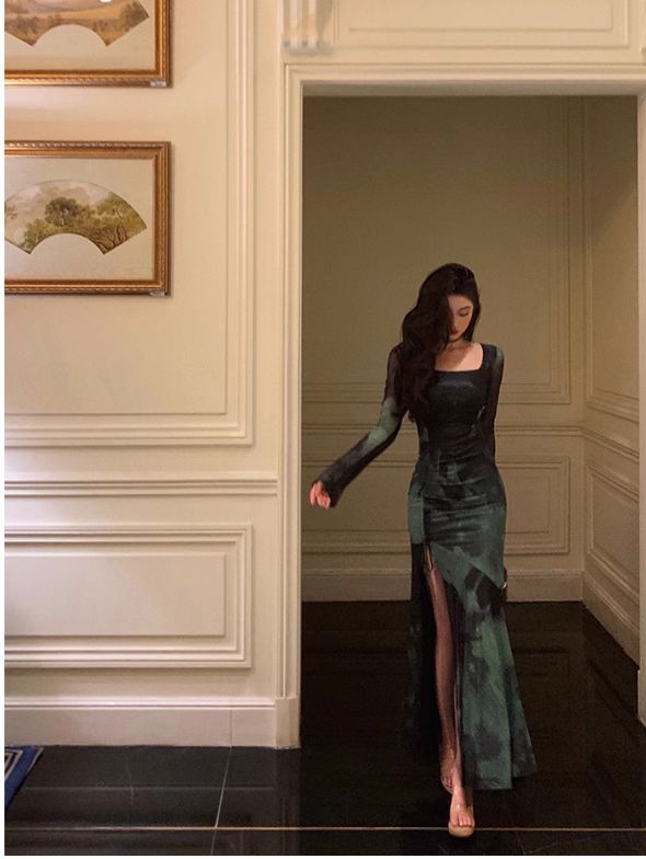 Chic Sheath Square Neckline Long Sleeves Green Long Prom Dresses Birth formalgowns Chic Sheath Square Neckline Long Sleeves Green Long Prom Dresses Birth formalgowns