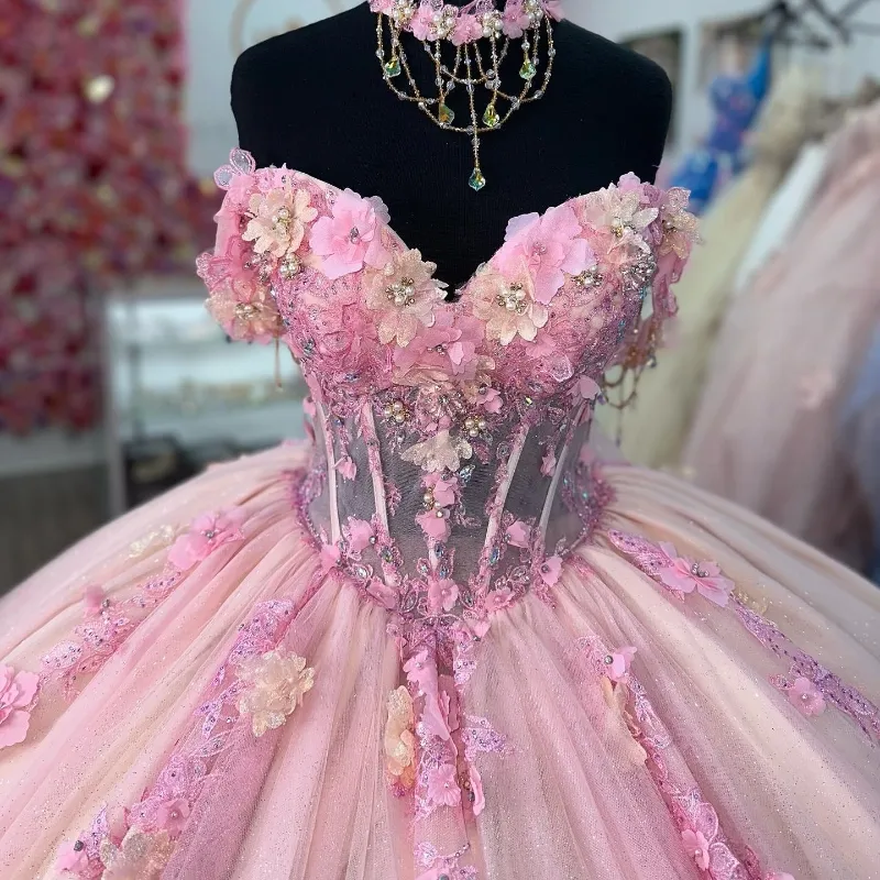 Quinceanera Ball Gown Pink Lace Applique 3D Floral Flower Off Shoulder Sweet 16 Dress fg6738