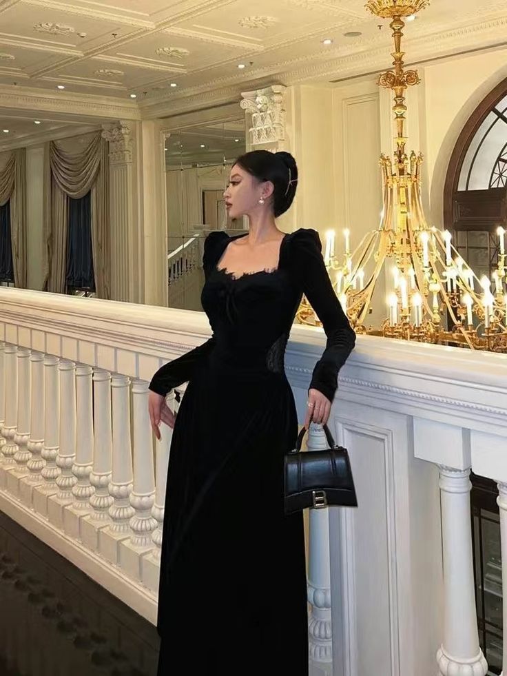 Vintage Balck Long Sleeve Dress Woman Elegant Fashion Velvet Prom Dresses fg7012