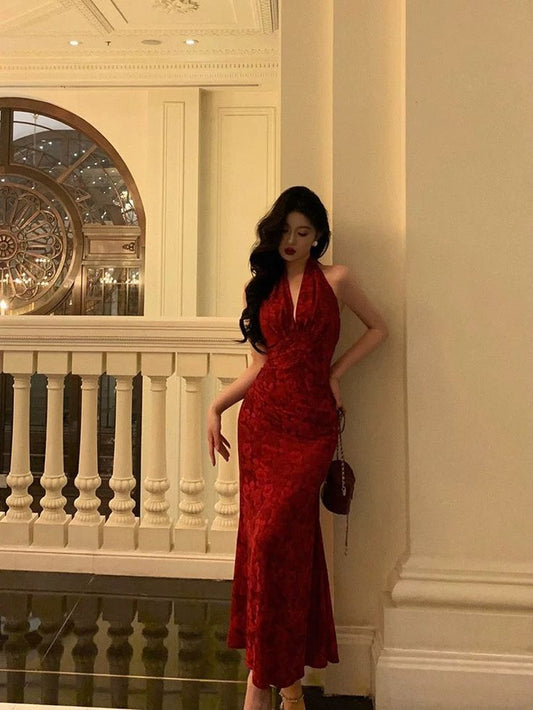 Robe de bal sexy fourreau à col en V et motif floral rouge, longueur cheville, robe d'anniversaire fg7026