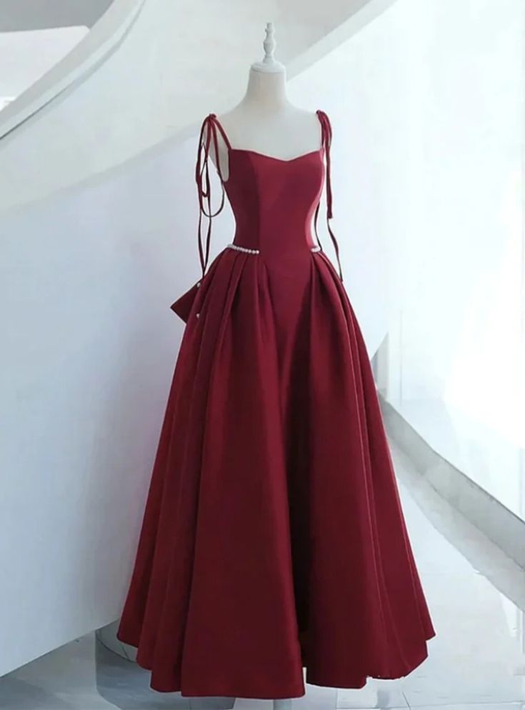 Wine Red Satin Long Formal Dress, Lace-up Fashion Straps Junior Prom Dress fg6979