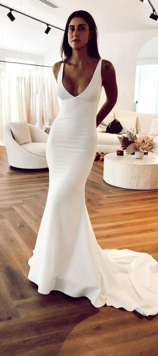 Robe de mariée longue élégante à col en V et à manches longues, fg7130
