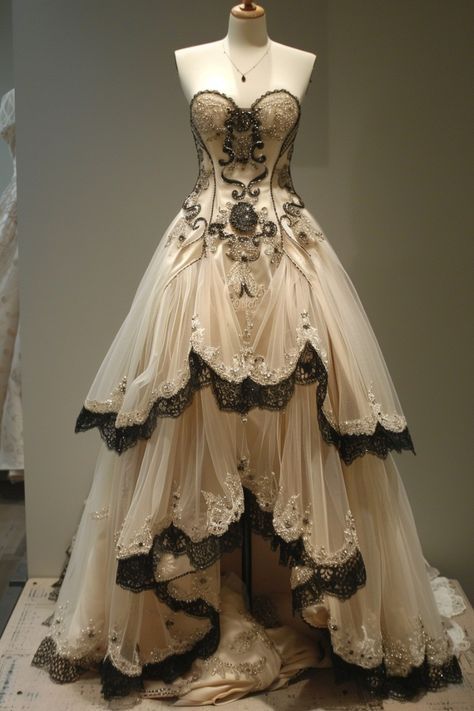 champagne and black lace dress Gothic Champagne and Black Wedding Dresses Sweetheart A Line Tulle Bridal Gowns