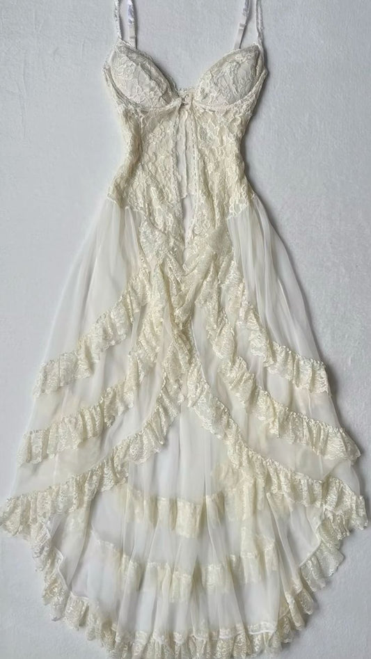 Robe de soirée longue à bretelles spaghetti en tulle et dentelle fg7015
