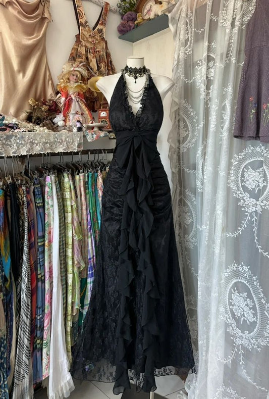 Robe de bal longue noire à col en V et dos nu, robe de soirée longue fg7149