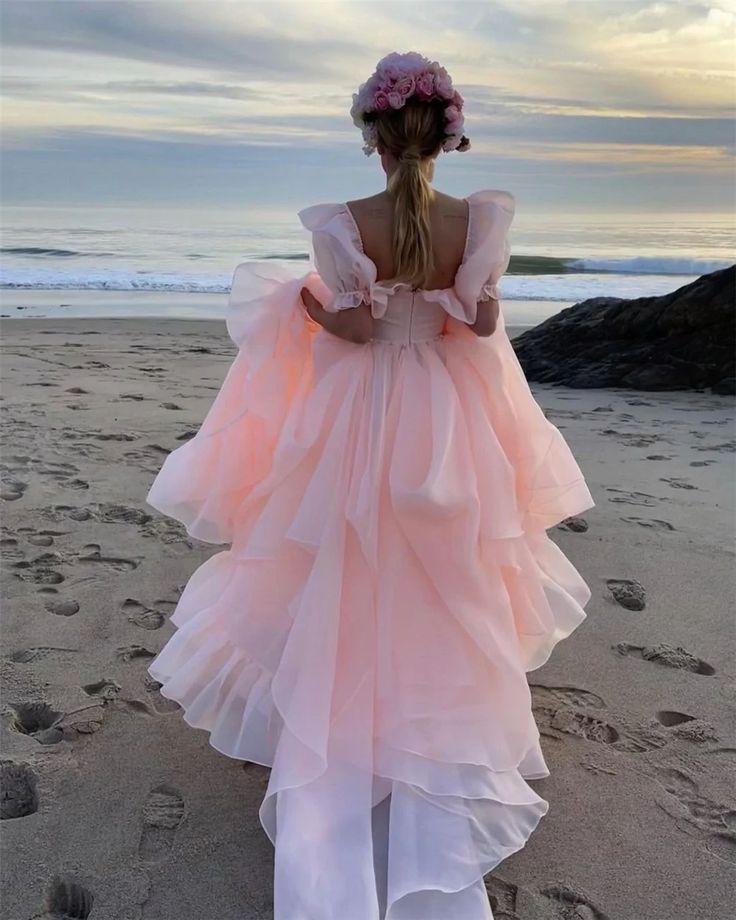 Rosa Ballkleider Kurze Puffärmel Rüschen Ballkleider Partykleider Prinzessin Abendkleider fg7218