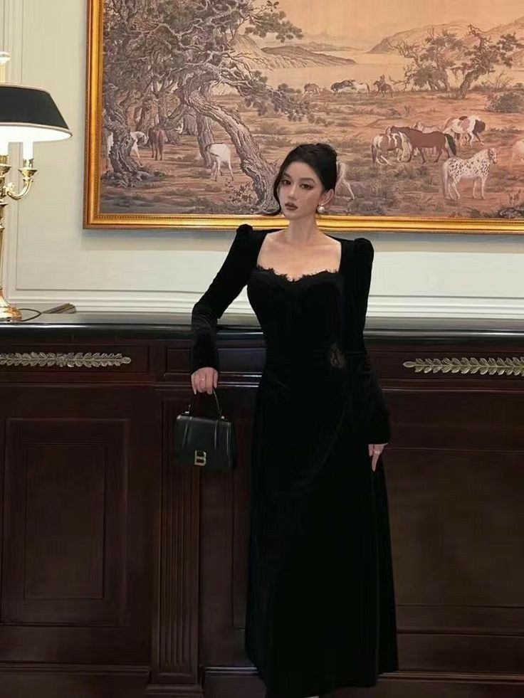 Vintage Balck Long Sleeve Dress Woman Elegant Fashion Velvet Prom Dresses fg7012