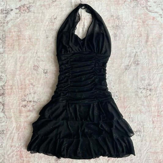 Robe de soirée courte en mousseline noire sans manches, dos nu, fg7017