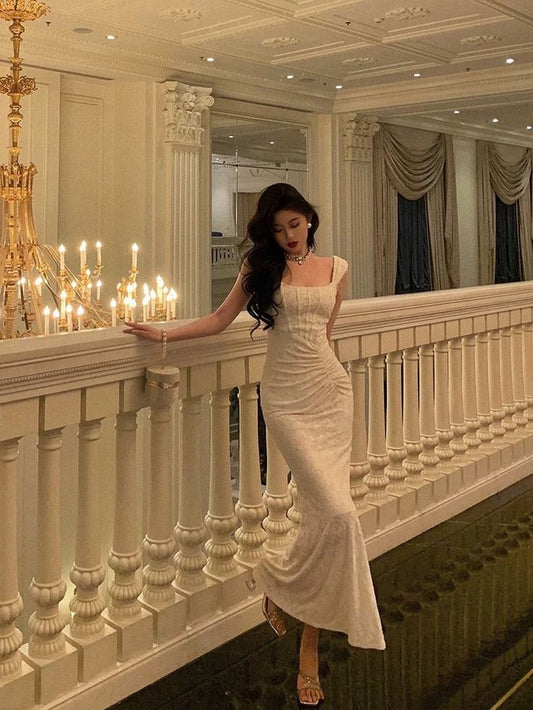 Robe de bal sirène sexy en dentelle blanche, tenue d'anniversaire fg7028