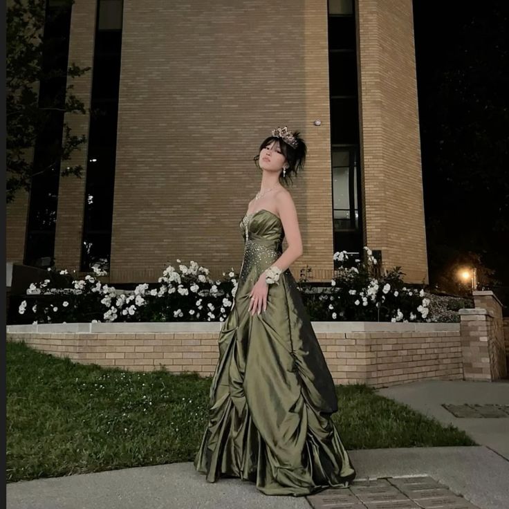 A line Strapless Green Floor Length Ball Gown Evening Dress fg7018