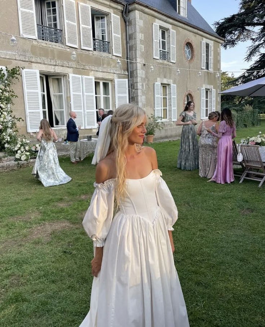 Robe de mariée longue élégante à épaules dénudées et coupe trapèze (fg7135)