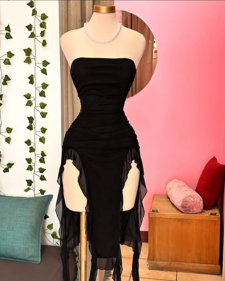 Black Strapless Midi Length Ruffle Prom Dress Sexy Evening Dress fg709 formalgowns Black Strapless Midi Length Ruffle Prom Dress Sexy Evening Dress fg709 formalgowns