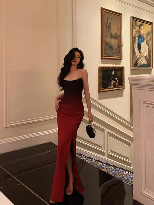 Robe de bal longue et sexy en satin bordeaux, style sirène, sans bretelles, fendue, tenue d'anniversaire, fg7027