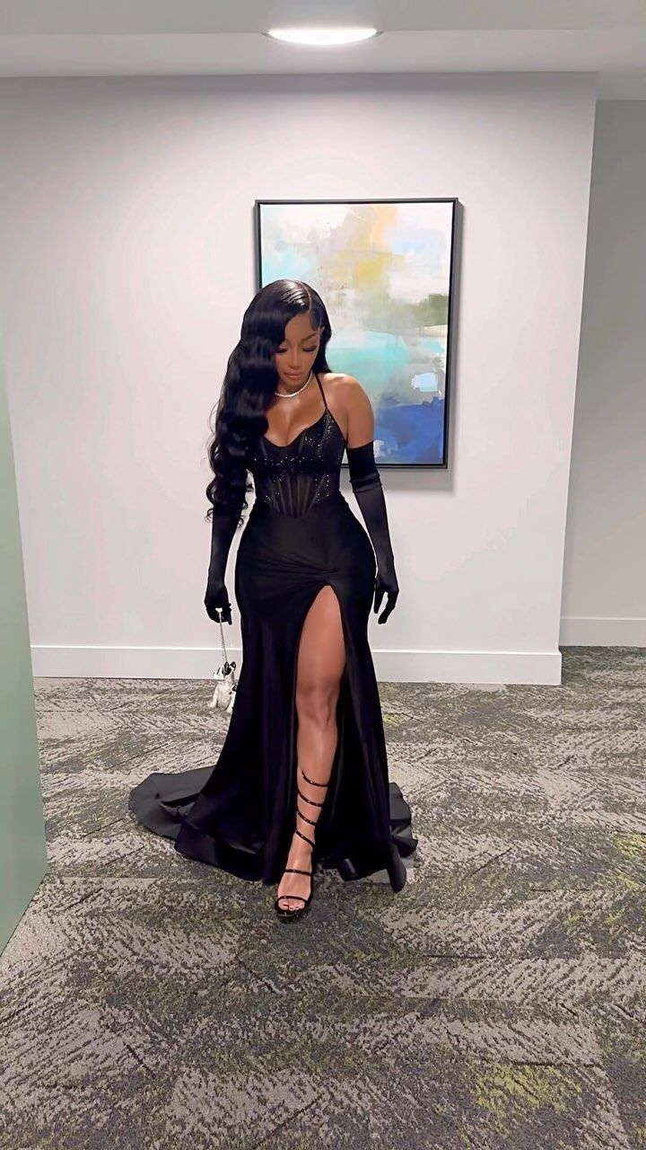 Black Evening Dress Long Prom Dress With Gloves fg6982 formalgowns Black Evening Dress Long Prom Dress With Gloves fg6982 formalgowns