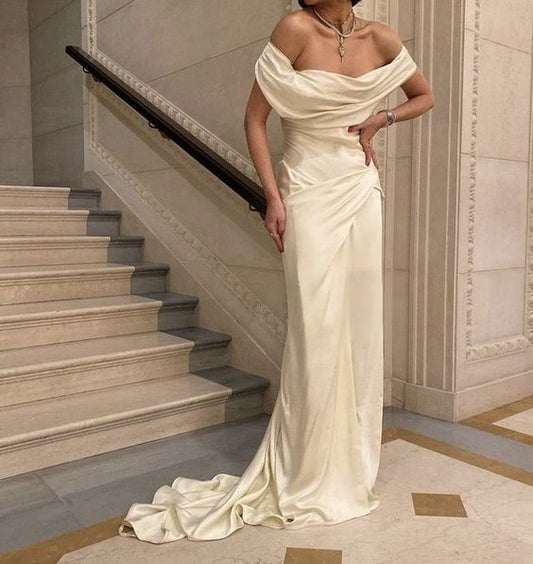 Robe de mariée sirène vintage longue en satin à épaules dénudées, fg6975
