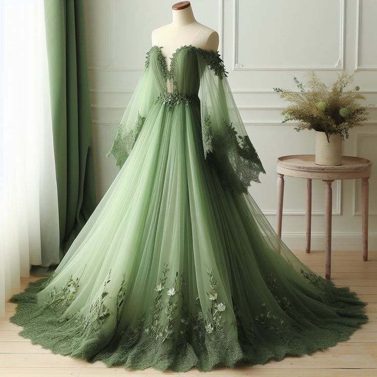 Grünes schulterfreies Brautkleid mit Spitzenapplikation und V-Ausschnitt aus Tüll fg7192