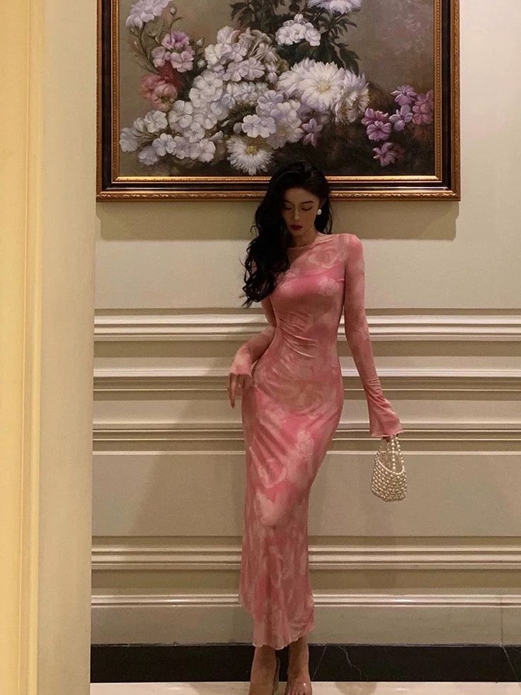 Sexy Sheath Pink Floral Long Sleeves Prom Dresses Birthday Outfits fg7 – formalgowns