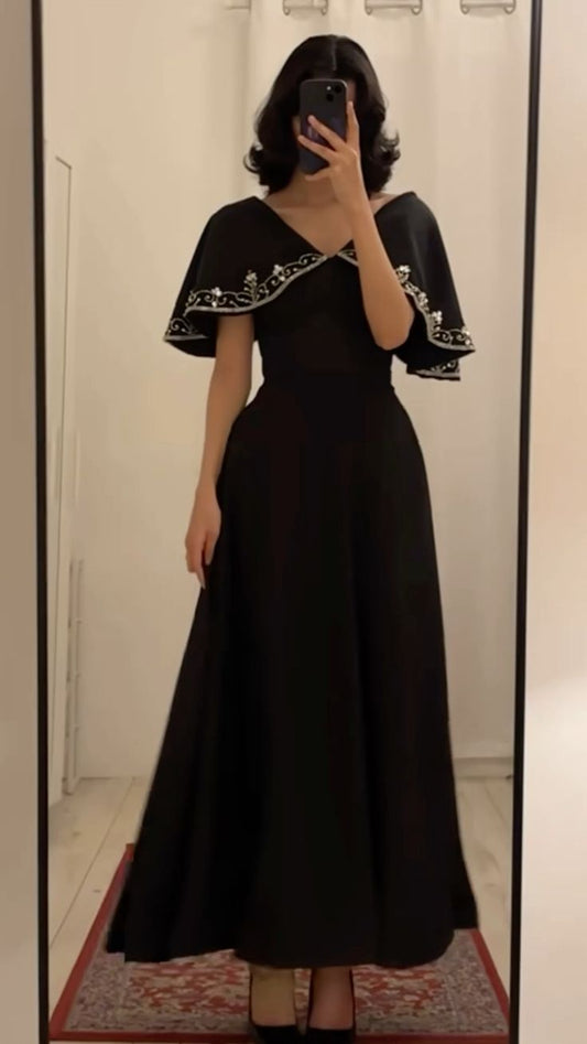 Robe de bal longue noire coupe trapèze, robe de soirée noire fg7022