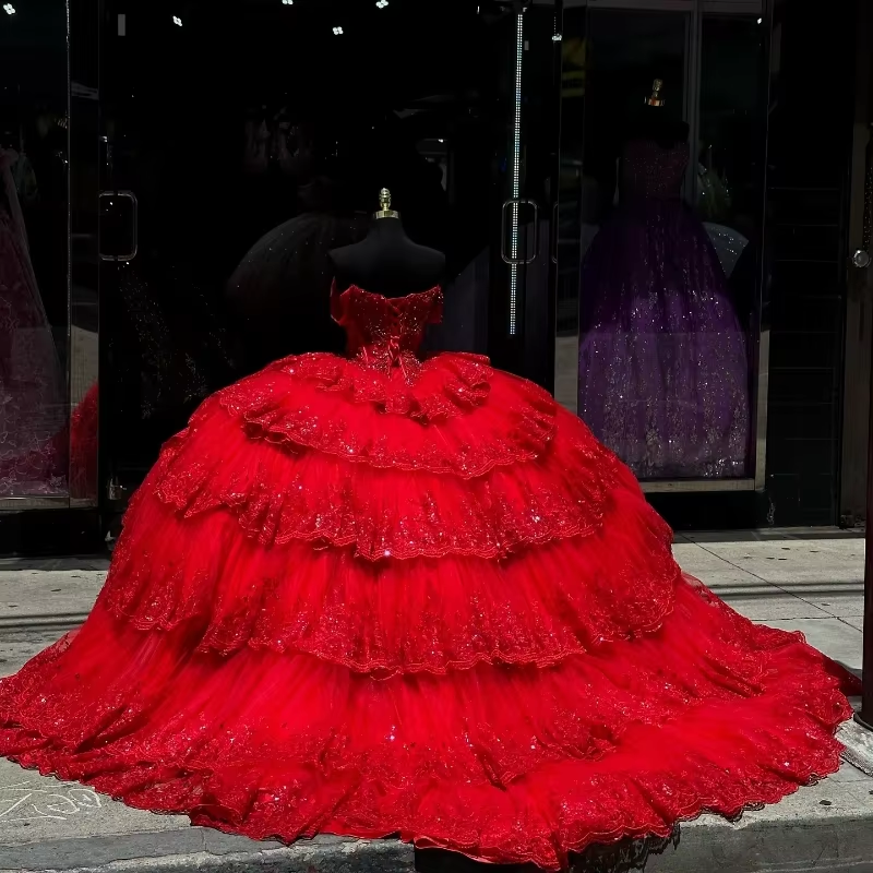 Luxury Red Quinceanera Dress with Crystal Beading Lace Appliques Sweet 16 15 Ball Gown fg6302