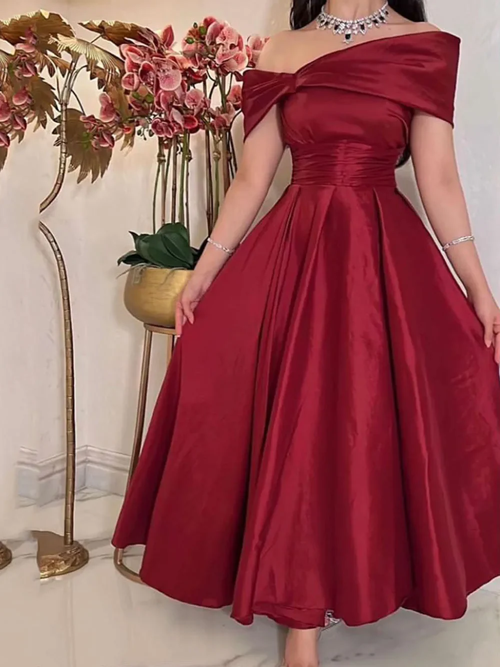 Dark Red Midi Prom Dresses Off Sleeves Ankle Length Arabic Dubai Forma –  formalgowns