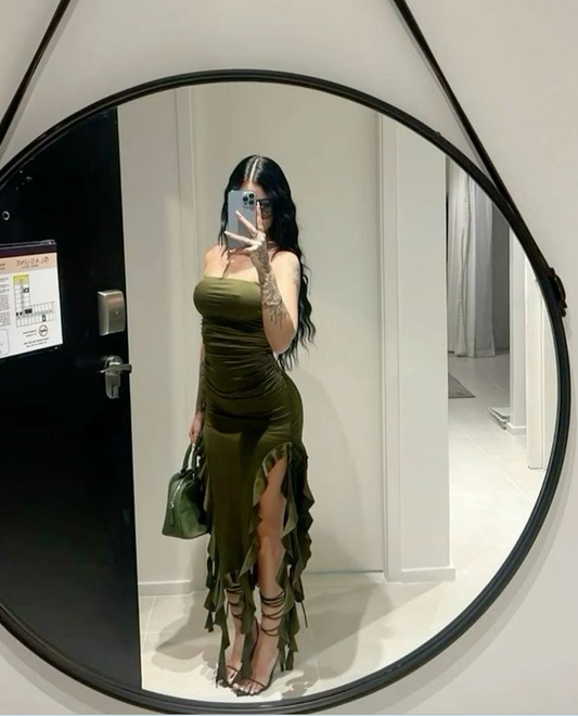 Robe de soirée moulante sans bretelles vert olive fg6620