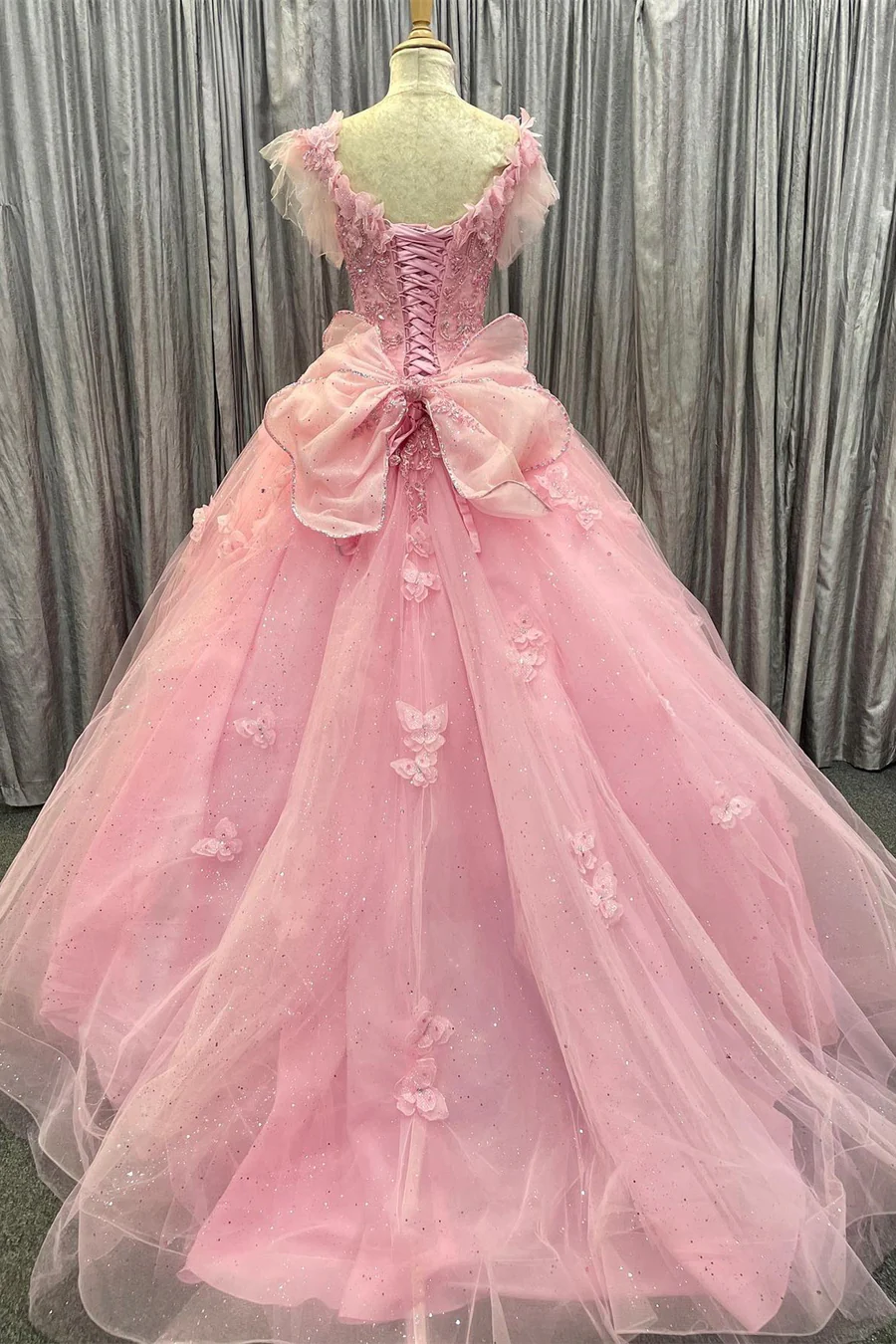Pink Tulle 3D Floral Lace Bow-Back Ball Gown with Flutter Sleeves fg6489