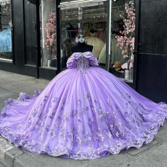 Robe de bal luxueuse à épaules dénudées et motif floral 3D, couleur lilas fg6488