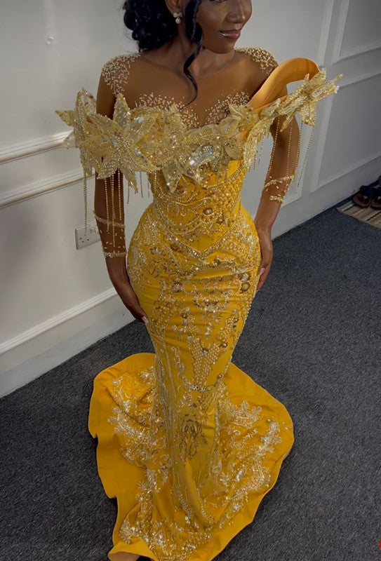 Gorgeous Yellow Beaded Mermaid Evening Dress Long Prom Dress fg6966