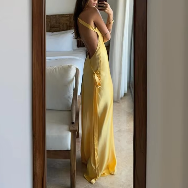 Sexy Backless Stain Dress Women Elegant Sleeveless Maxi Dresses 2025 Evening Dresses fg6701